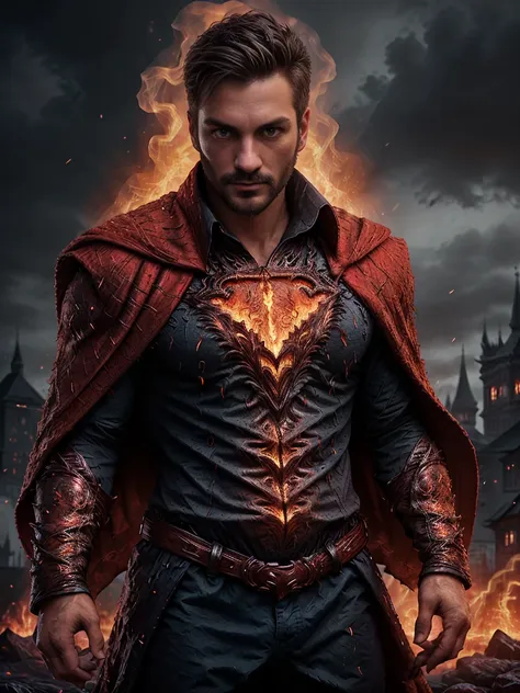 1man, A shot of a male fitness model, 30 years old，small beard, Sexy and charming expression，gloomy eyes，Blue eyes, emb3r4rmor, dressed in a burned Superman suit, a embers, glowing, burning red cape falls behind his shoulders, and he wears red boot, dynami...