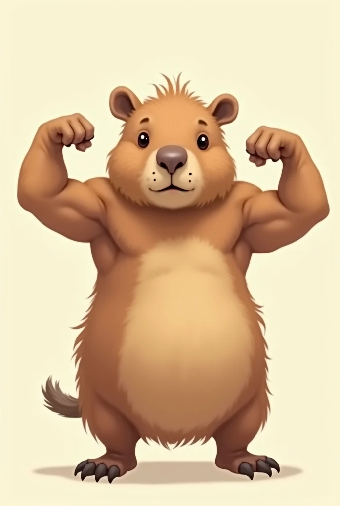 create a drawing of a cute baby capybara from behind showing muscles with arms up showing biceps
