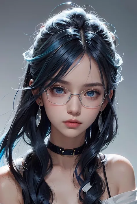 8k wallpaper, masterpiece, movie lighting, best quality, illustration, dramatic angle, ((color: 1.1)), ((color inner hair: 1.4)), 1girl, solo, long hair, water, blue eyes, black glasses, choker, parted lips, white choker, liquid hair, black hair, bangs, fr...