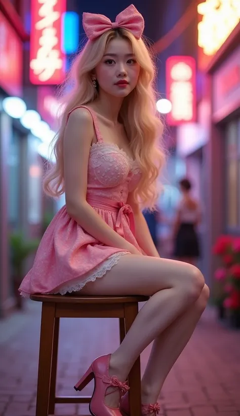 ((masterpiece:1.3)), (photorealism:1.3), extremely detailed texture, best quality, 16k, detailed background, 1 korean slender woman, cute university student, very white skin, cute face, detailed image, light blonde long hair, large pink hair ribbon on head...