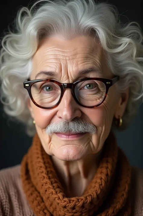 Mulher com um cabelo Chanel ruivo 👩‍🦰, com rugas pés de galinhas 🐔 na face, a Chinese mustache and bar codes on the upper lip . A white woman in her 60s wearing glasses.
