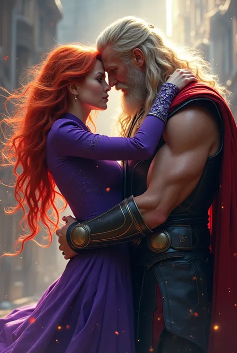 Red-haired witch wearing a purple uniform hugging Thor. Arteonline