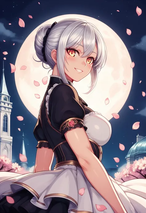 masterpiece, Best Quality, One girl, (colorful),(Beautifully detailed eyes and face),cinematic Lighting,Bust Shot,Highly detailed CG Unity 8k wallpaper,Gray Hair,Alone,smile,Complex skirt,((Flying petals)),(Flowery meadow) null, cloudy_null, building, moon...