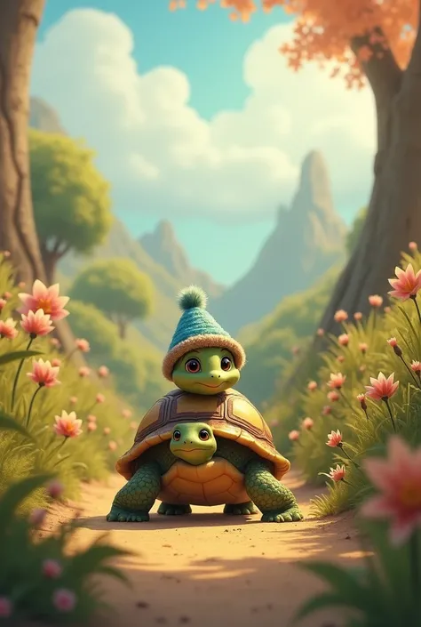 Story book kid, he is a tiny turtle his appearance is : he is small his eyes is color brown, he have a blue small hat. He have a 1 sister and 2 brothers ( generate his sister and brother but he is the smallest between her sister and his brother  turtle 