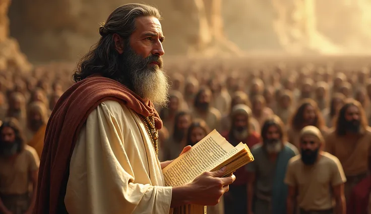 Moses exhorts the Israelites to obedience to the Law while reading the Torah scroll, The cry of the prophet, Gatherings with large numbers of people, Papyrus, Worn parchment, Old clothing, Historical reference, High-quality artwork and detail, Realistic po...