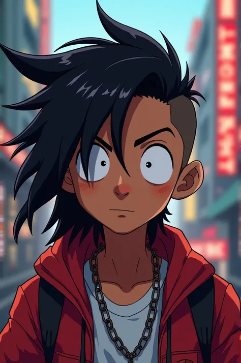 Kenny de South Park version anime, long black hair shaved on the sides, brown skin