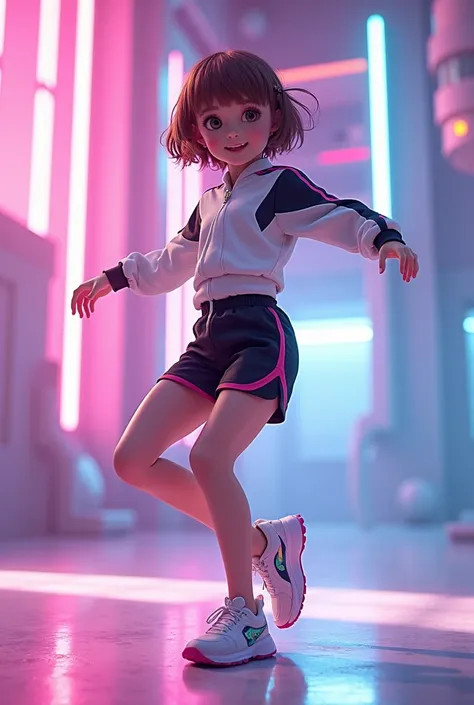 ochaco uraraka A young girl with short brown hair, with a happy and energetic expression, is dancing in a bright environment. He wears a futuristic training outfit with white colors, black and pink that highlights its dynamism. Their movements are fluid an...