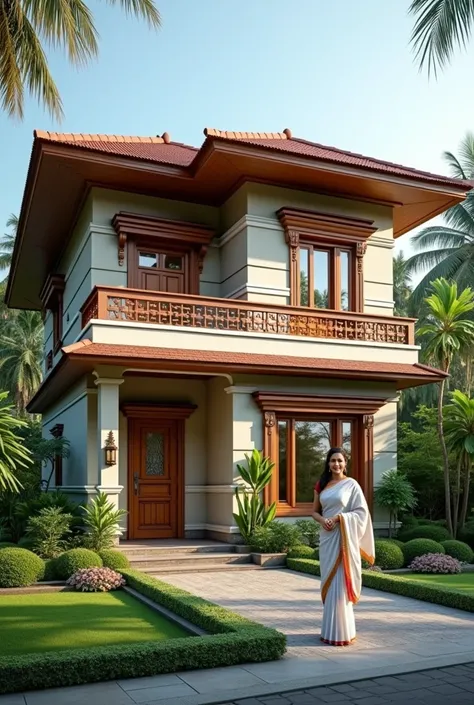 A kerala style contemporary two storey beautiful home. A beautiful lady infront of the home. Thulasithara is the icon of home 