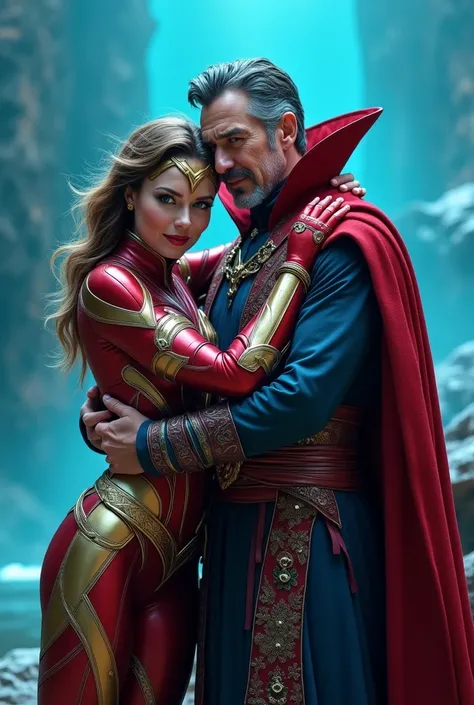 Superior Iron Woman hugging Doctor Strange in uniform. cerulean. Arteonline