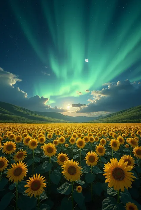 Sunflower field with full moon and northern lights


