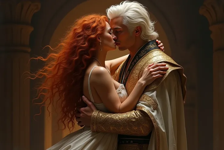 A woman with long curly red hair, kissing on the lips of a platinum-haired man wearing a garment with dragon symbols