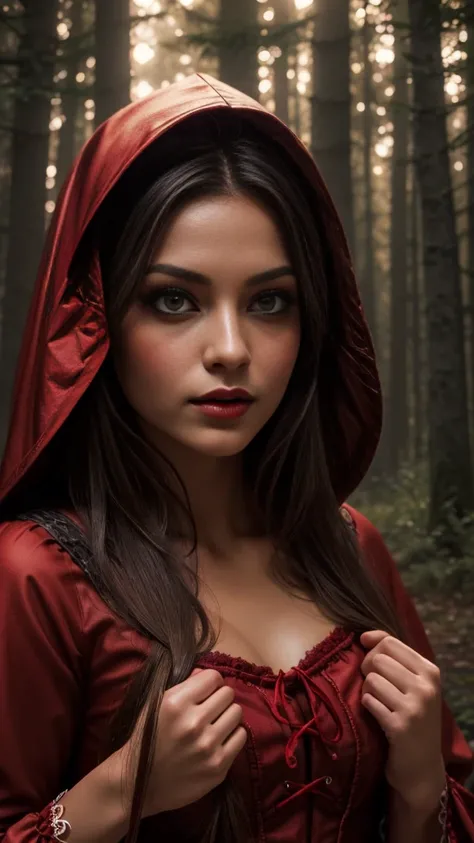 a beautiful werewolf girl dressed as Little Red Riding Hood, extremely detailed face and eyes, long eyelashes, detailed lips, intricate costume, forest background, dramatic lighting, cinematic, fantasy, dark fairytale, photorealistic, 8k, high quality, mas...