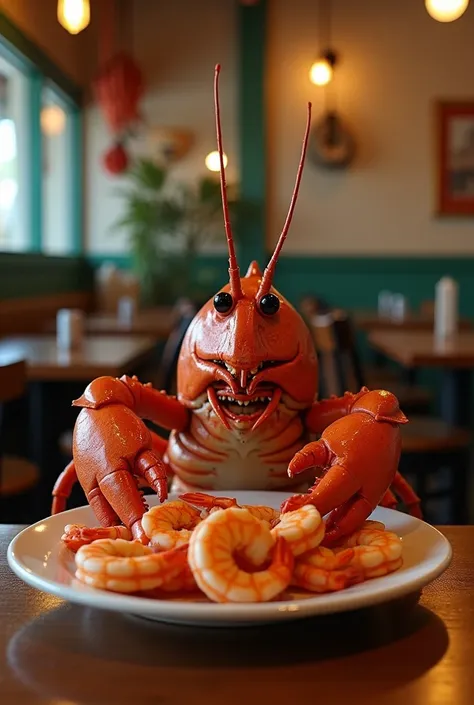 A crayfish sitting at a table in a restaraunt eating boiled shrimp. The restaraunt is decorated with fishing nets and crawfish traps. It is a Cajun restaraunt, The lighting is moderate, the tone is funny and humorous, detailed, high quality photograph, bes...