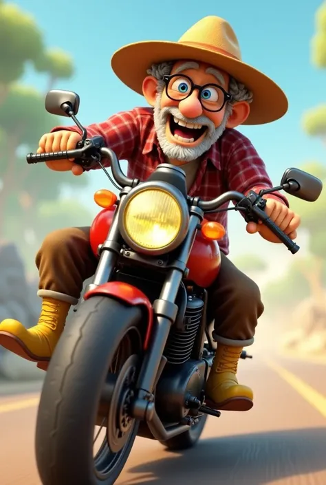  man 80 years old, round face shape, wearing straw hat, blue eyes, square glasses frame, normal small nose, short curly black hair, red plaid shirt closed, brown pants, yellow boots, Standing, laughing a lot, looking left, riding a Hayabusa motorcycle, Acc...