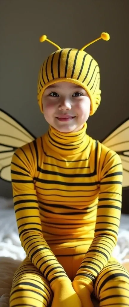 a most beautiful,a most thinest and the most handsome eighteen years old asian chinese teenager adult boy wears yellow beautiful bee animal costume lycra long sleeved turtleneck unitard catsuit covered with many black stripes with yellow lycra elasticity g...