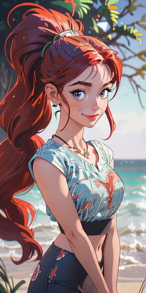 (masterpiece, best quality), 1girl, collarbone, wavy hair, looking at viewer, blurry foreground, upper body, necklace, contemporary, plain pants, ((intricate, print, pattern)), ponytail, freckles, red hair, dappled sunlight, smile, happy,