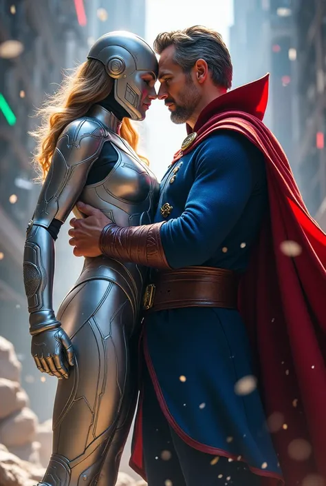 Superior Iron Woman in silver armor hugging Doctor Strange 4 in blue uniform and cape. Arteonline