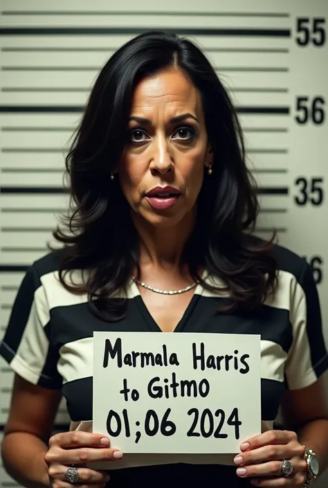 ((Kamala Harris,))60 year-old feminine beautiful woman, running mascara ,Marxist, traitor (long black hair), big , big lips ,  prison mugshot,  (prisoner lineup) , white black striped prison  jumpsuit , holds a sign in her hand with the writing  01/06/2024...