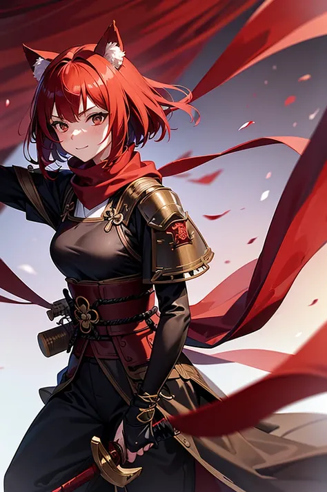 Anime, adult woman with wolf ears, red hair, bob cut hair, tall, subtle gentle smile, carefree, samurai  warrior, samurai armor, pants, well covered with clothes, red japanese clothes, katana in sheet, red scarf, adventurer, forest background, best quality...