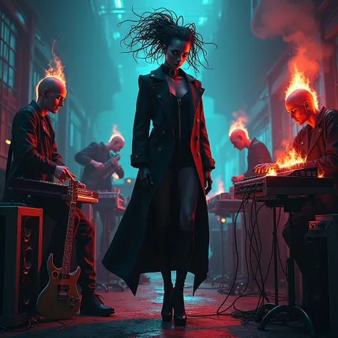 Dark and abstract background, with bright neon lights, artist surrounded by synthesizers and electric guitars, dark appearance, alien artist with electrical wire hair, show featured face. Integrate symbols such as speakers and skulls. Wearing heels and a t...