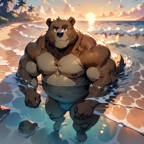 masterpiece, best quality, very aesthetic, absurdres, BREAK noise reduction, BREAK super fine illustration, insanity detailed, ultra detailed, BREAK [face:full body:10], looking away, from above, professional lighting, BREAK swimmer, plump middle-aged bear...