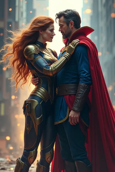 Superior Iron Woman hugging Doctor Strange 4 in blue uniform and cape. Arteonline