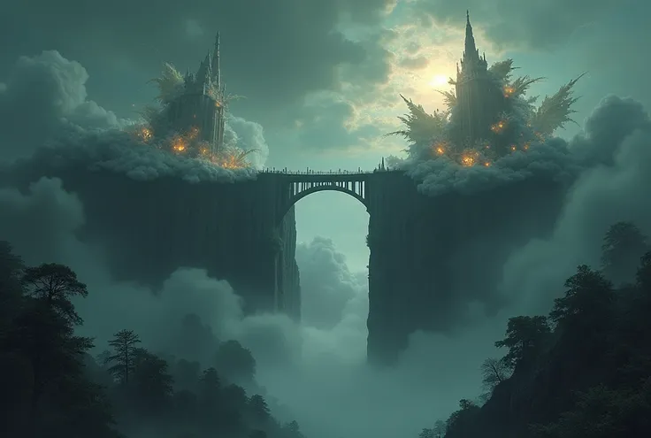 Our journey led us to a bridge unlike any other, with its thin and fragile structure. The towering sides were adorned with clouds that held cosmic creatures within. The sky above was a dark and ominous sight, with supernatural beings lurking in the mist. T...