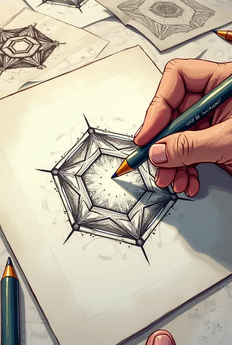 I want a hand to be drawing a polygon or a hexagon that looks nice and the image to look like a drawing that goes like a manga and that has other drawings in the background and that the image gets bigger.
