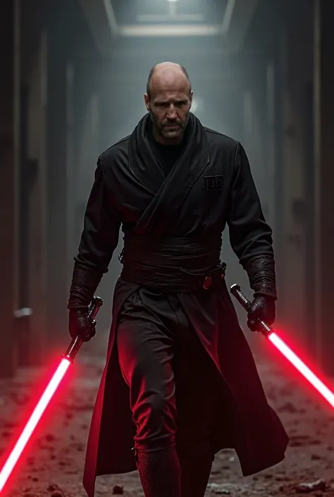 Jason Statham as Darth Bane,, red lightsaber,, imposing,, advancing,,