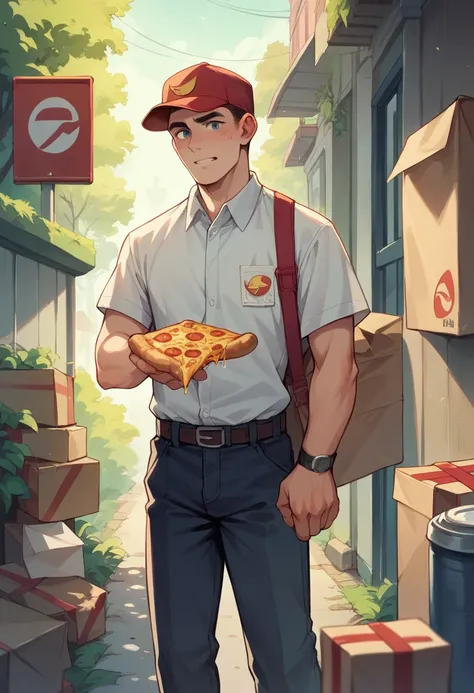 Hyperrealistic image of a young pizza delivery man 