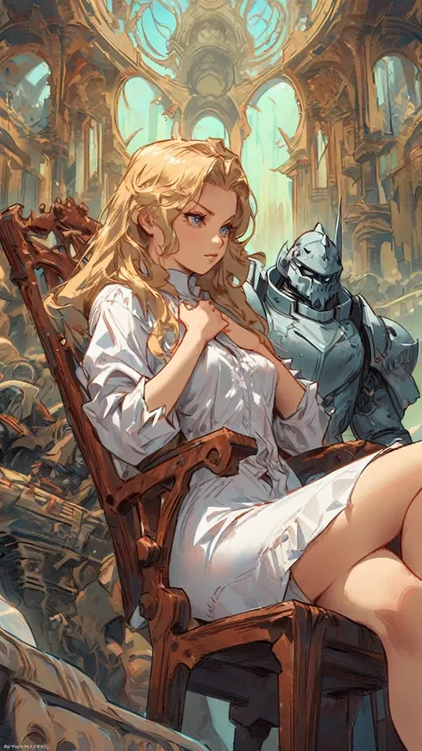 blond woman in white shirt sitting on a chair with her hands on her chest, ross tran style, krenzcushart, artgerm. anime illustration, by Ross Tran, style of raymond swanland, krenz cushart and artgerm, by Yang J, alphonse mucha and rossdraws, detailed dig...