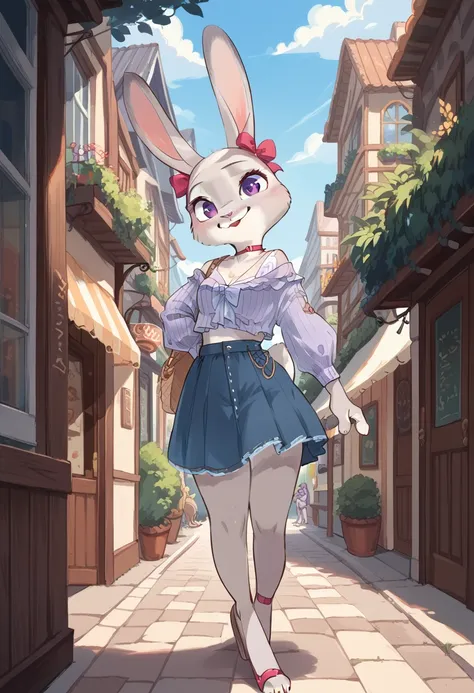 judy hopps, rabbit girl, gray fur, purple eyes, rabbit ears, rabbit tail