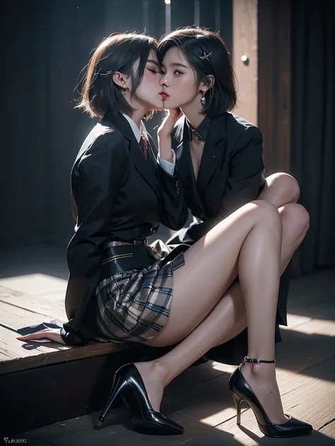 ((Office Lady))、Suit skirt、Sitting in a chair、(She tries to get the photographer to kiss her heels:1.5)、((sexy))、Young woman、20 years old、Short Bob、cute、Beauty、(Background photography studio)、best quality,4K,8k,highres,masterpiece:1.2),ultra-detailed,(real...