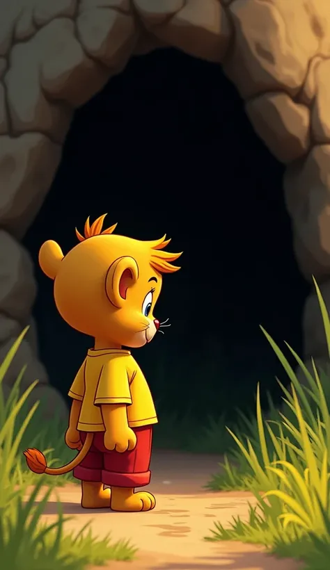 Baby Lion, in his yellow t-shirt and red pants, spotted a dark, mysterious cave. His small paws brushed the tall grass as he cautiously approached, the bright colors of his outfit contrasting with the shadows of the cave.