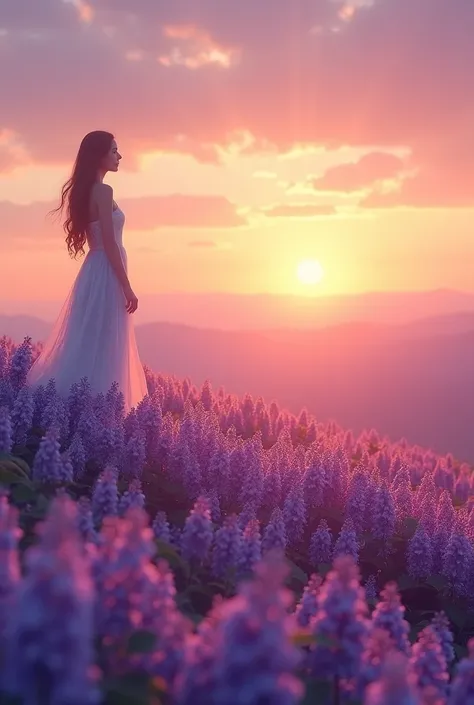 Woman on mountain of lilac flowers with beautiful sun in the background