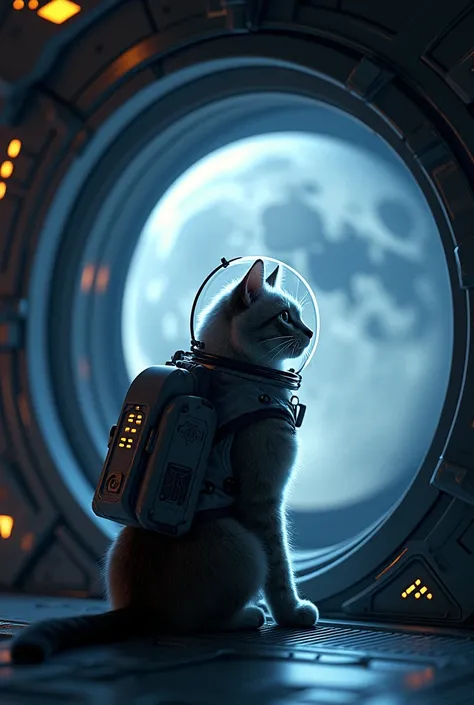 Cat in spaceship wear spacesuit watching the moon