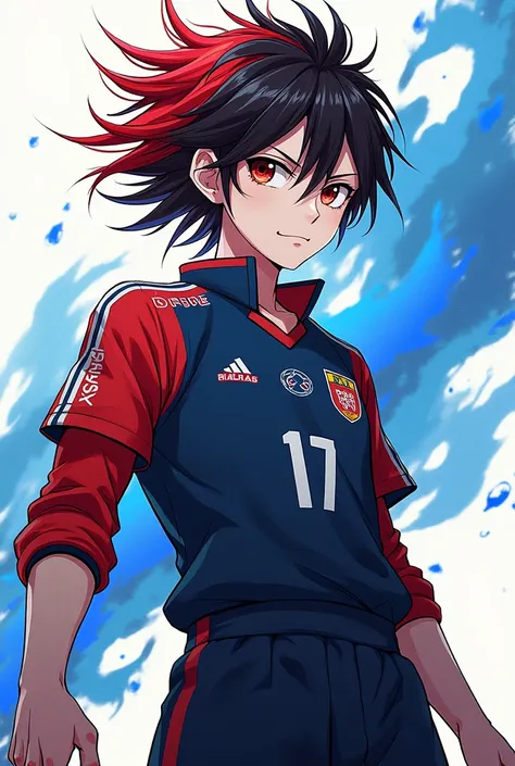 I want to create a blue lock character, named Karuki Tanaka, The appearance is as follows: Medium complexion, Red and black dreadlocks that are short, white skin and his team is bastards (Please in the style of blue lock)