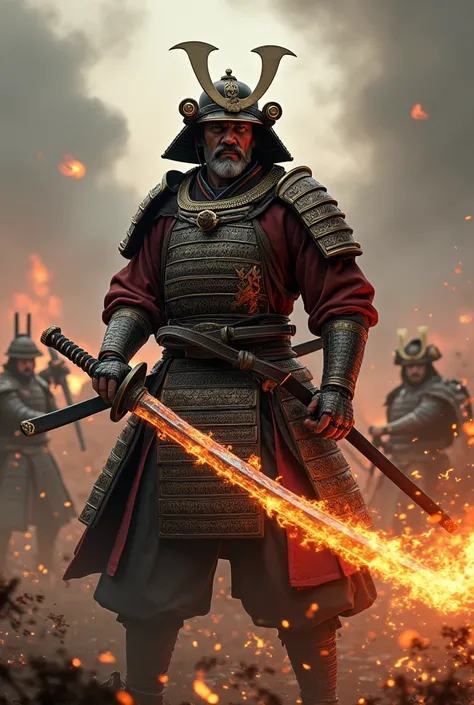  dressed in samurai costume wielding a katana wrapped in flames and warriors at war in the background