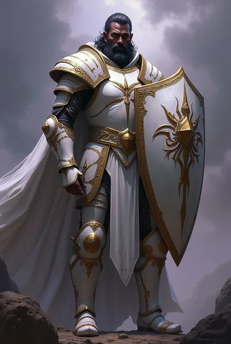 create a dark fantasy style image of a paladin named kael, He is black and has white armor with golden details and a paladin shield.