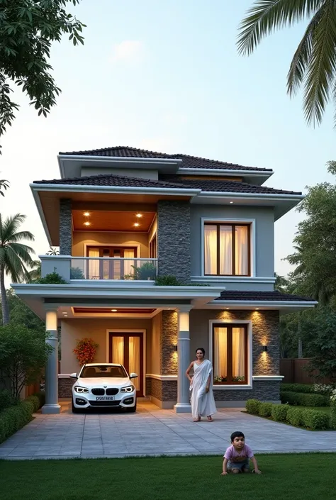 A kerala stylish contemporary and traditional mix two storey beautiful home. A beautiful lady infront of the home. Thulasithara is the icon of home. Show a seperate car porch and park a white bmw car. A baby should play in the yard. Size should be 1200mm x...