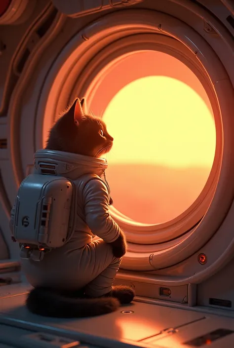 Cat in spaceship wear spacesuit watching the sun