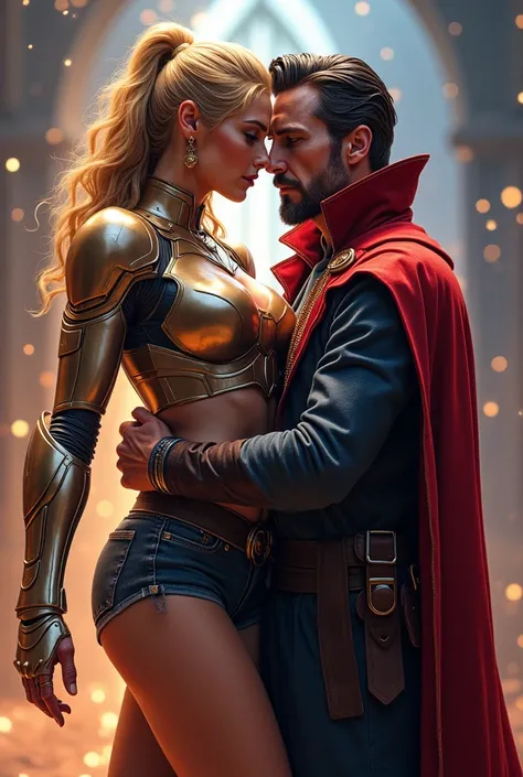 Superior Iron Woman wearing crop top, shorts, blazer and high heels hugging Doctor Strange in regular clothes. fanart