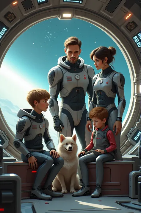 Make me a family of 4 people and a dog in a spaceship 