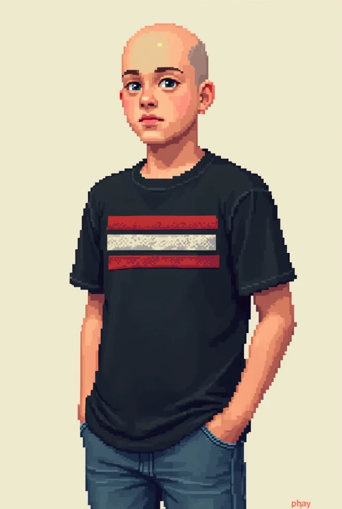 (Um adolecente The costeletas),The(cor The pele moreno),The(blusa preta com Thetalhes The listra na região do peito com vermelho,White),The (short jeans),The(size between 13-15 years),The(16-bit pixel art style),The(bald)