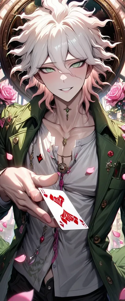 absurdres, highres, ultra detailed, HDR, master piece, Komaeda Nagito, white hair, expressive gray-green eyes, green long coat with hoodie, white shirt, sexy man, best quality, Danganronpa 2, solo, fantasy, magical, sensual, glittering, accessories, window...