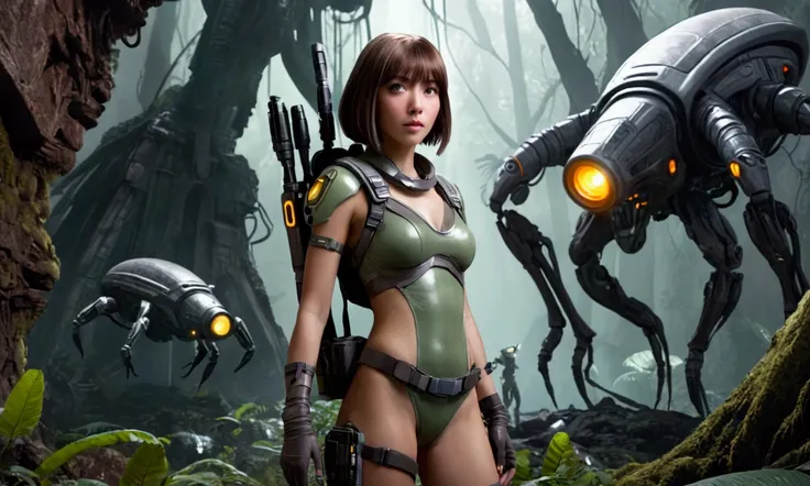 a cute 2 girl in a sexy sci-fi explorer outfit with many gadgets and laser weapons, exploring an alien forest and ancient ruins ...