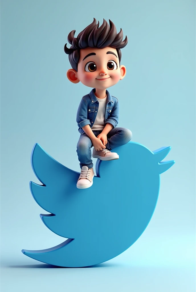 Create a 3D illustration of a boy-animated character sitting casually on top of a social media logo "Twitter". The character must wear casual modern clothing such as jeans jackets and sneakers shoes. The background of the image is a social media profile pa...