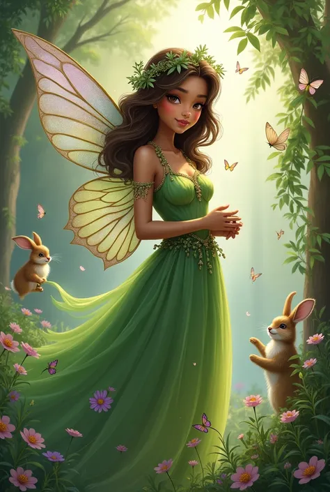 Create a fairy with a green and lilac dress. Let her be dark-skinned, shoulder length brown hair and brown eyes. And animals around it.