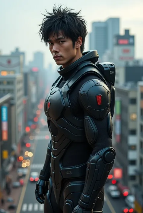 (Anime) 1male, young adult, dark skin, finely detailed plum eyes, wild medium hair, coal black hair color, full body combat suit, standing on building, day time, tokyo streets, somber expression, muscular