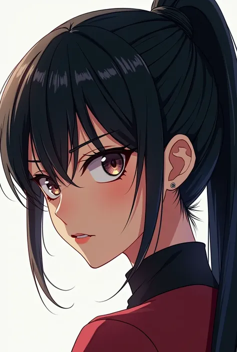 Generates a black-haired girl with a ponytail looking seriously from behind, with a serious and very attractive look and with a very marked jaw Anime version